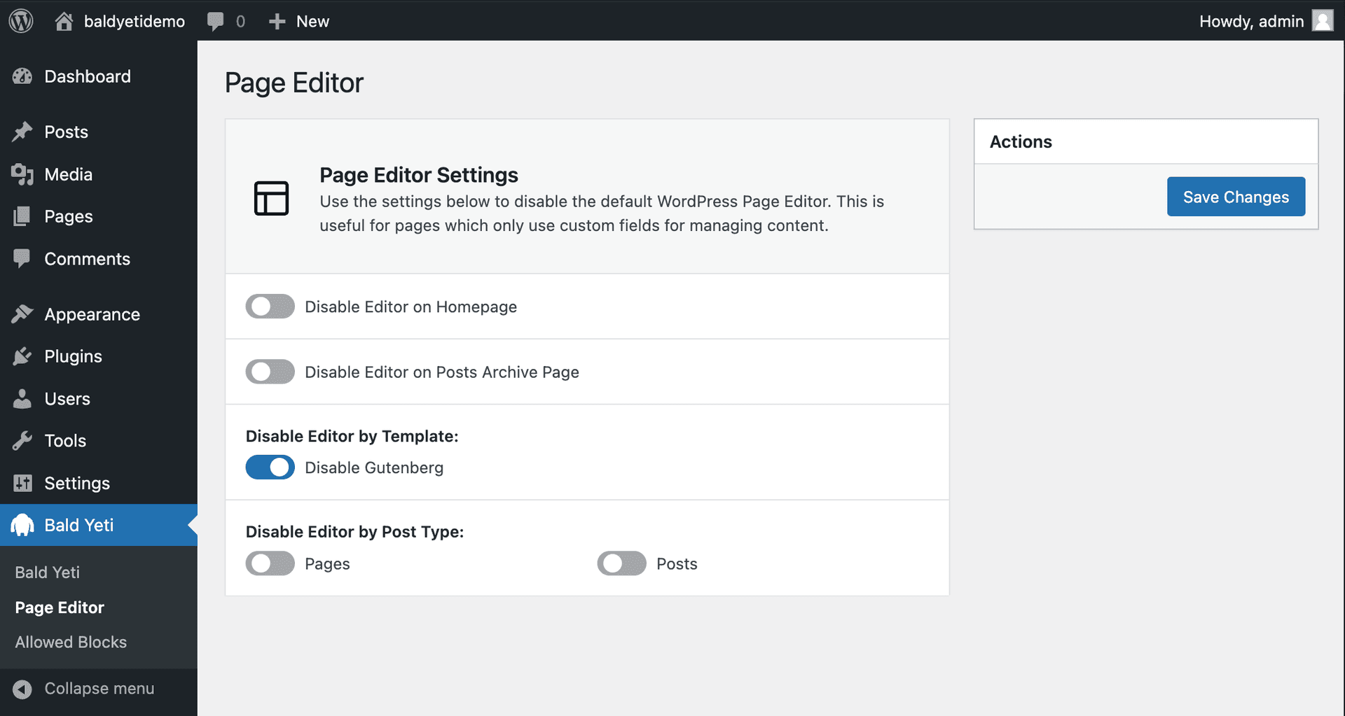 Screenshot of options page allowing users to disable the default editor